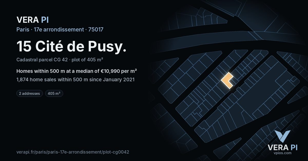 15 Cité de Pusy, 17e arrondissement at night – the plot lit, the parcels around coloured by the prices near them