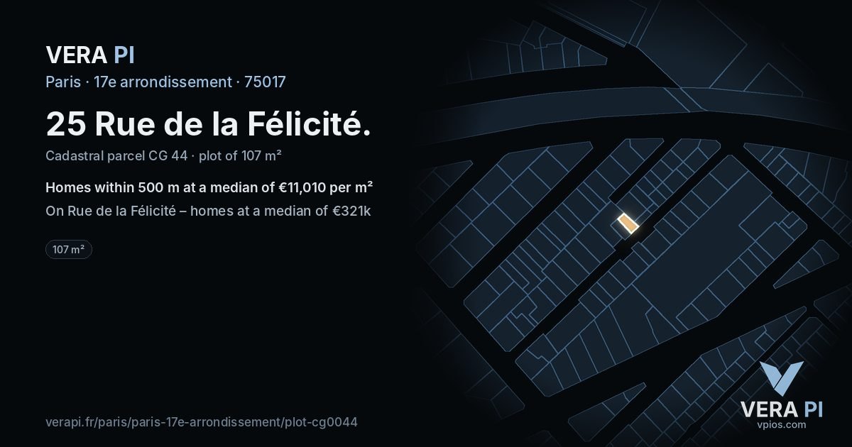25 Rue de la Félicité, 17e arrondissement at night – the plot lit, the parcels around coloured by the prices near them