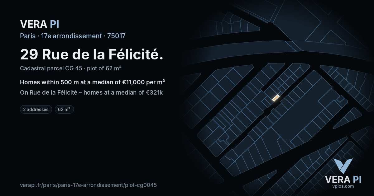 29 Rue de la Félicité, 17e arrondissement at night – the plot lit, the parcels around coloured by the prices near them