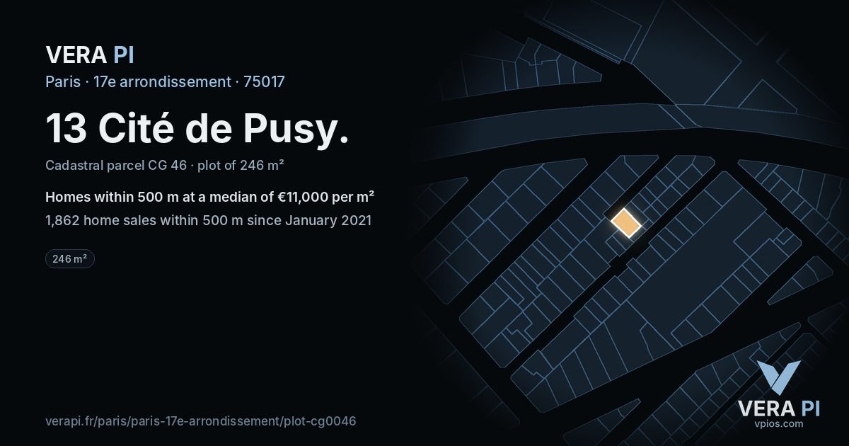 13 Cité de Pusy, 17e arrondissement at night – the plot lit, the parcels around coloured by the prices near them