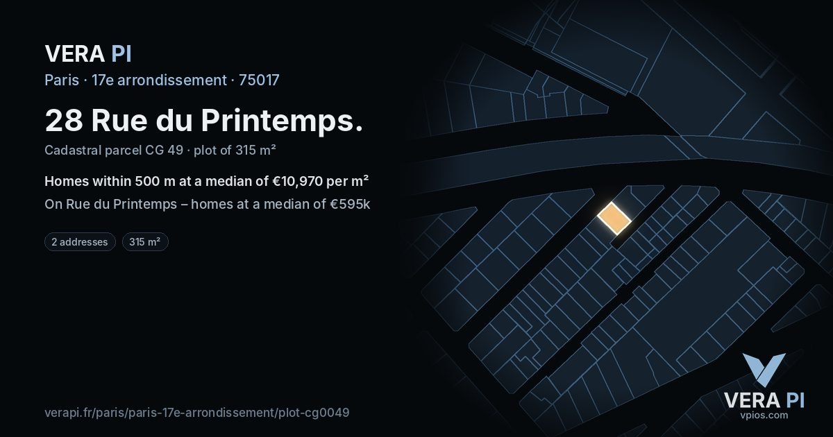 28 Rue du Printemps, 17e arrondissement at night – the plot lit, the parcels around coloured by the prices near them