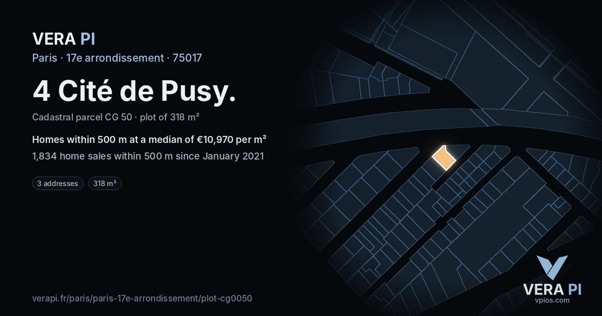 4 Cité de Pusy, 17e arrondissement at night – the plot lit, the parcels around coloured by the prices near them