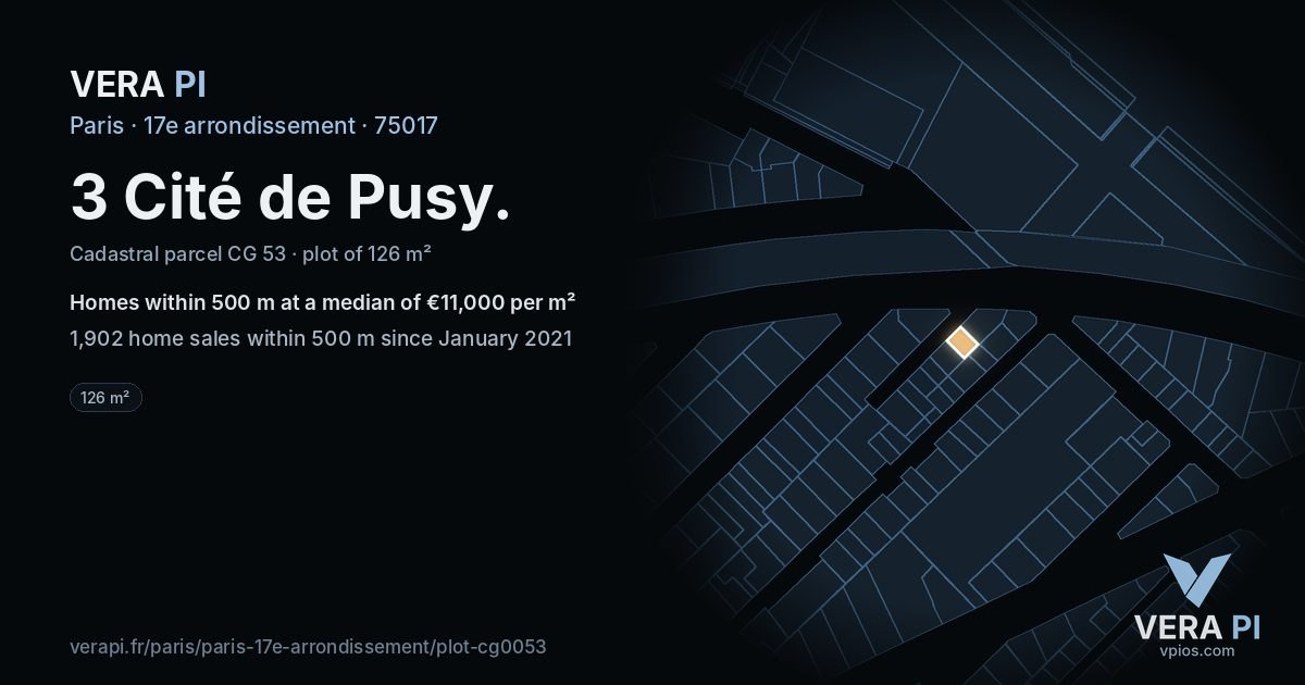 3 Cité de Pusy, 17e arrondissement at night – the plot lit, the parcels around coloured by the prices near them