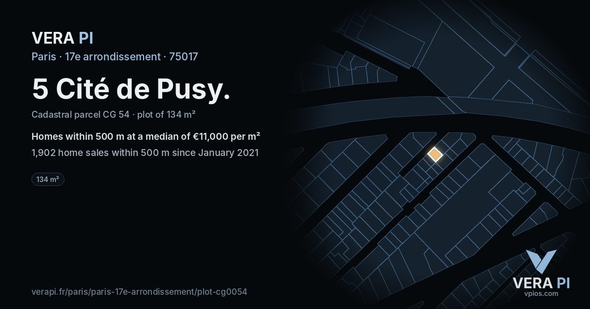 5 Cité de Pusy, 17e arrondissement at night – the plot lit, the parcels around coloured by the prices near them