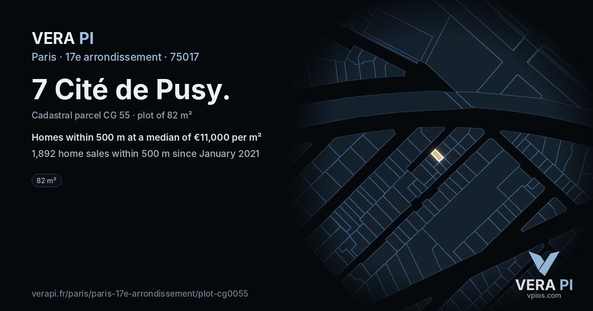 7 Cité de Pusy, 17e arrondissement at night – the plot lit, the parcels around coloured by the prices near them