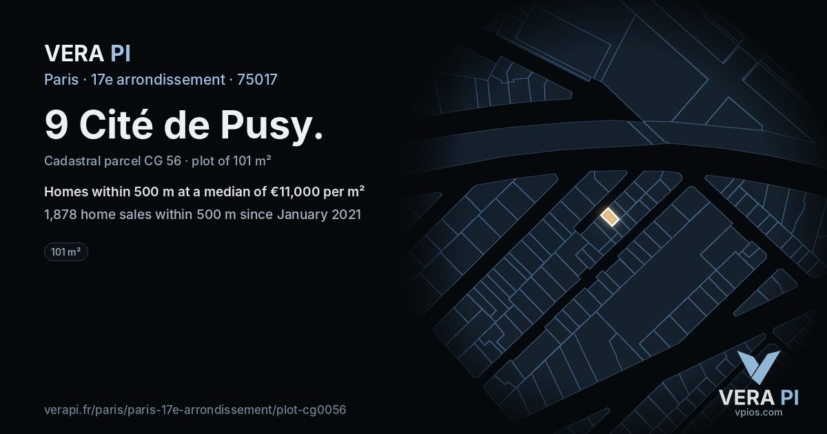 9 Cité de Pusy, 17e arrondissement at night – the plot lit, the parcels around coloured by the prices near them