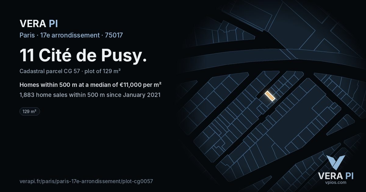 11 Cité de Pusy, 17e arrondissement at night – the plot lit, the parcels around coloured by the prices near them