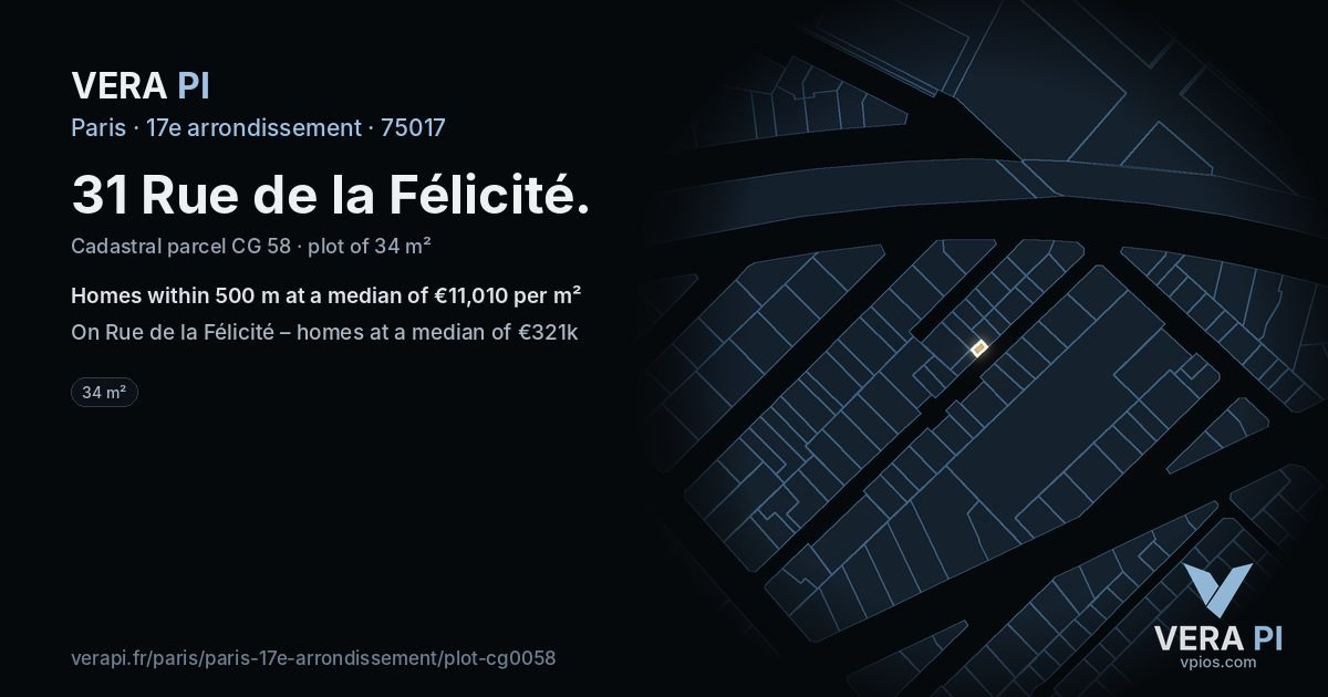 31 Rue de la Félicité, 17e arrondissement at night – the plot lit, the parcels around coloured by the prices near them
