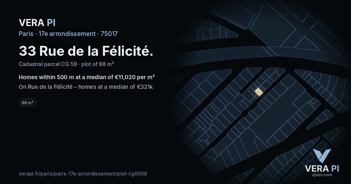 33 Rue de la Félicité, 17e arrondissement at night – the plot lit, the parcels around coloured by the prices near them