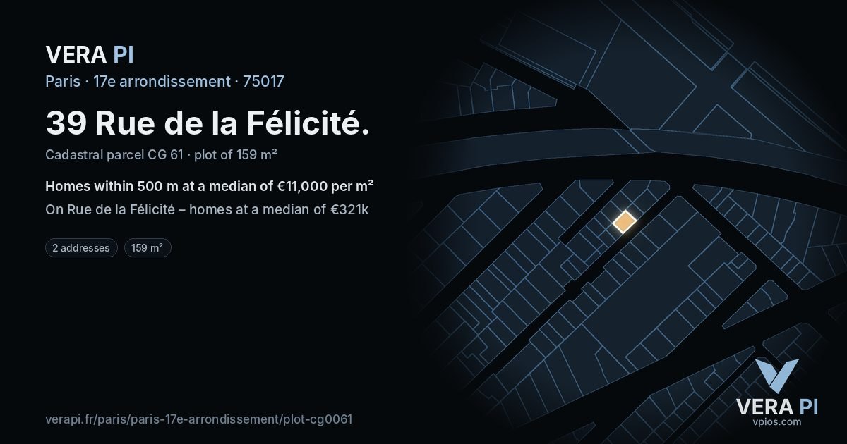 39 Rue de la Félicité, 17e arrondissement at night – the plot lit, the parcels around coloured by the prices near them