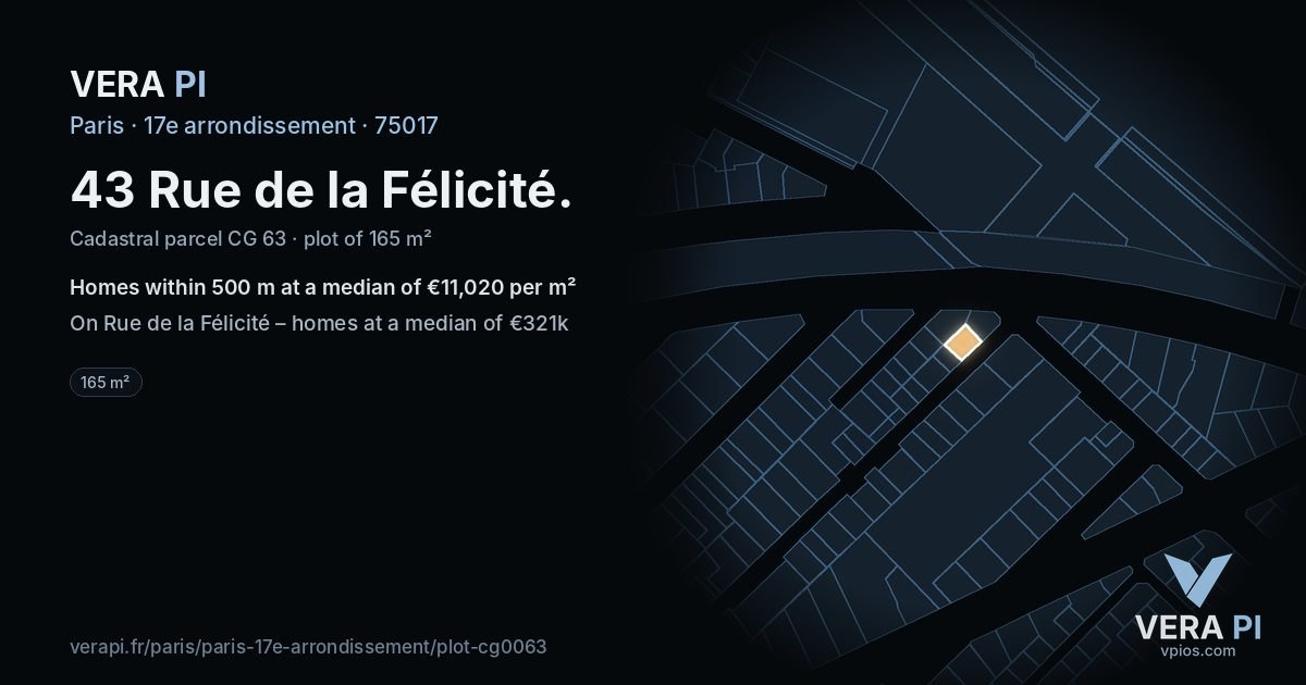 43 Rue de la Félicité, 17e arrondissement at night – the plot lit, the parcels around coloured by the prices near them
