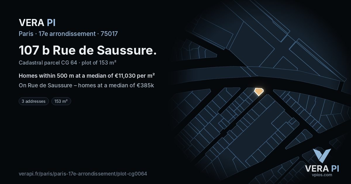 107 b Rue de Saussure, 17e arrondissement at night – the plot lit, the parcels around coloured by the prices near them