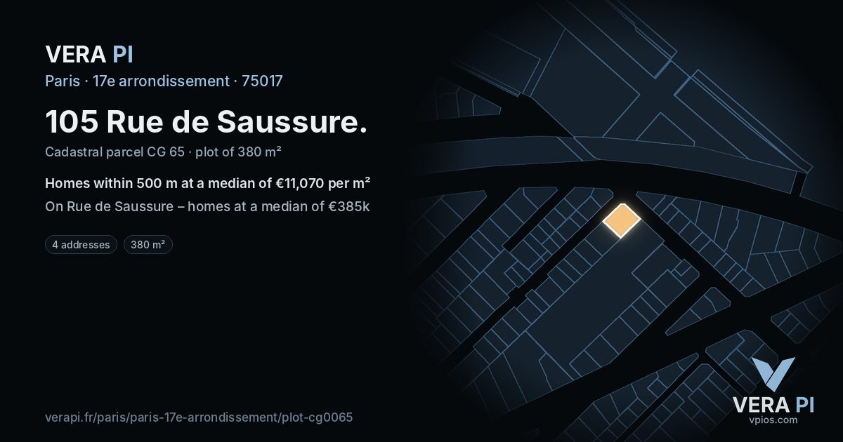 105 Rue de Saussure, 17e arrondissement at night – the plot lit, the parcels around coloured by the prices near them