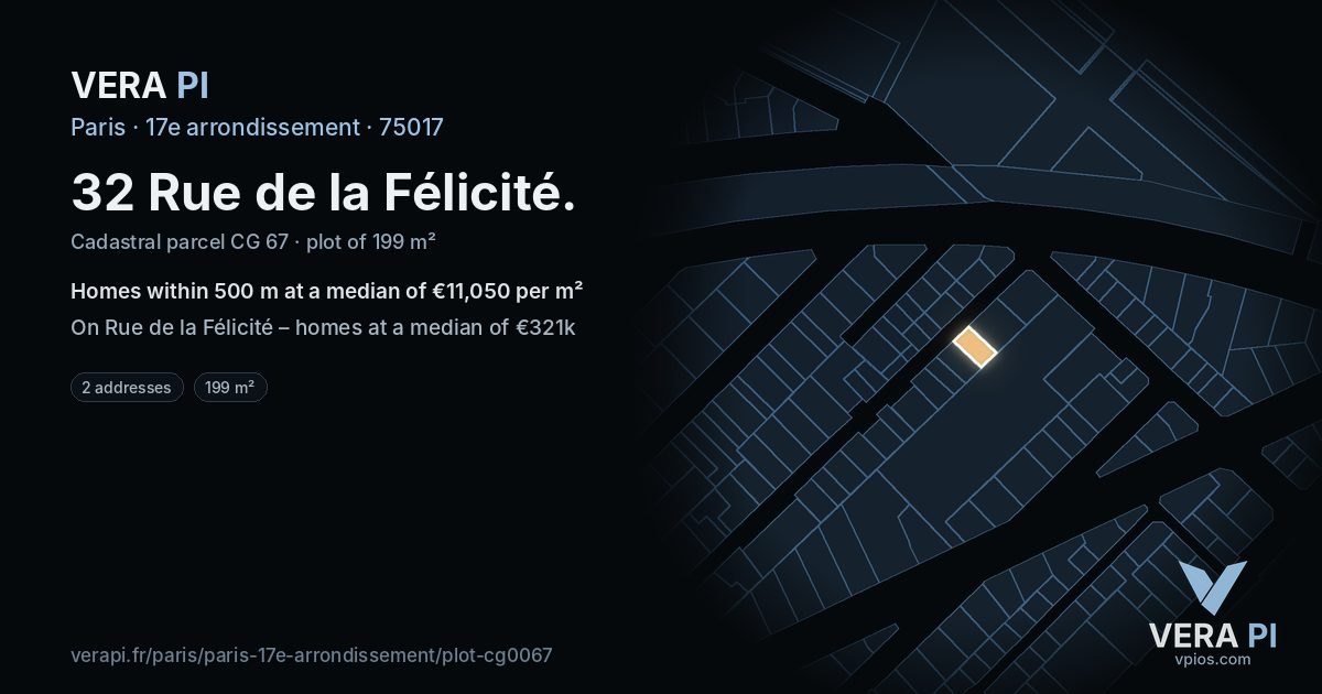 32 Rue de la Félicité, 17e arrondissement at night – the plot lit, the parcels around coloured by the prices near them
