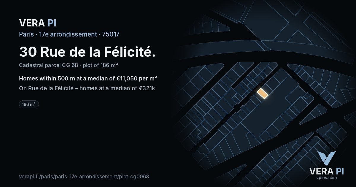 30 Rue de la Félicité, 17e arrondissement at night – the plot lit, the parcels around coloured by the prices near them