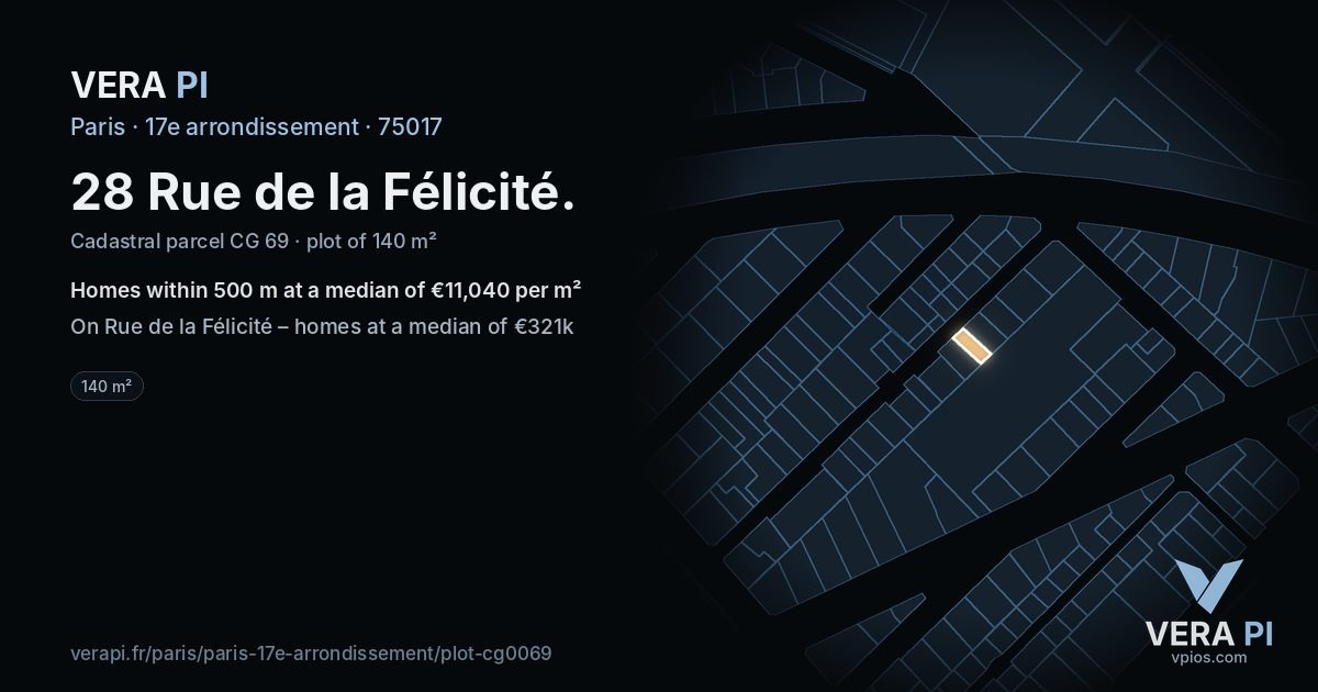 28 Rue de la Félicité, 17e arrondissement at night – the plot lit, the parcels around coloured by the prices near them