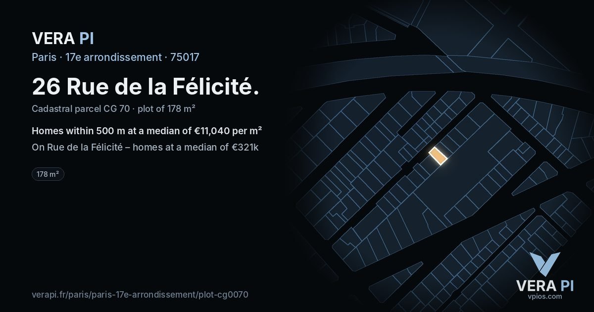 26 Rue de la Félicité, 17e arrondissement at night – the plot lit, the parcels around coloured by the prices near them