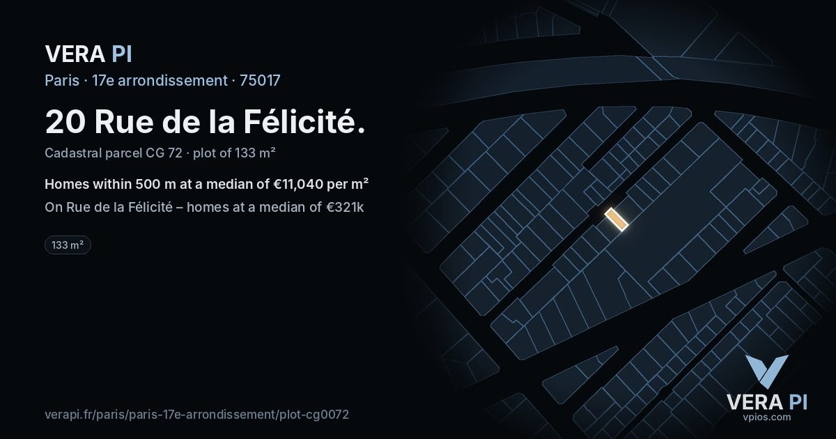 20 Rue de la Félicité, 17e arrondissement at night – the plot lit, the parcels around coloured by the prices near them
