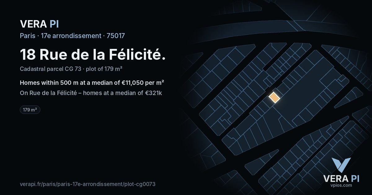 18 Rue de la Félicité, 17e arrondissement at night – the plot lit, the parcels around coloured by the prices near them