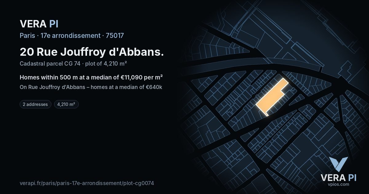 20 Rue Jouffroy d'Abbans, 17e arrondissement at night – the plot lit, the parcels around coloured by the prices near them