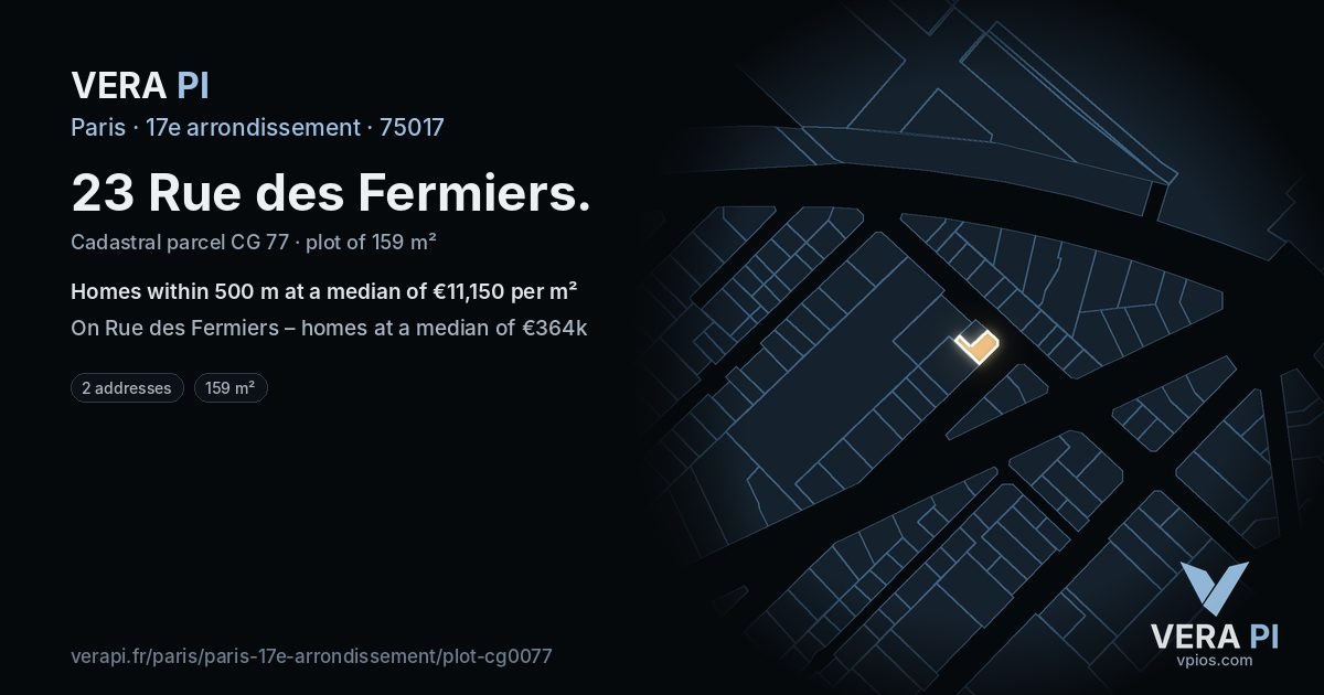 23 Rue des Fermiers, 17e arrondissement at night – the plot lit, the parcels around coloured by the prices near them