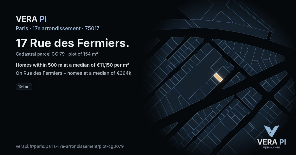 17 Rue des Fermiers, 17e arrondissement at night – the plot lit, the parcels around coloured by the prices near them