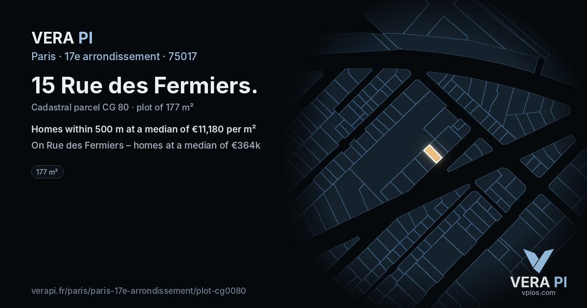 15 Rue des Fermiers, 17e arrondissement at night – the plot lit, the parcels around coloured by the prices near them