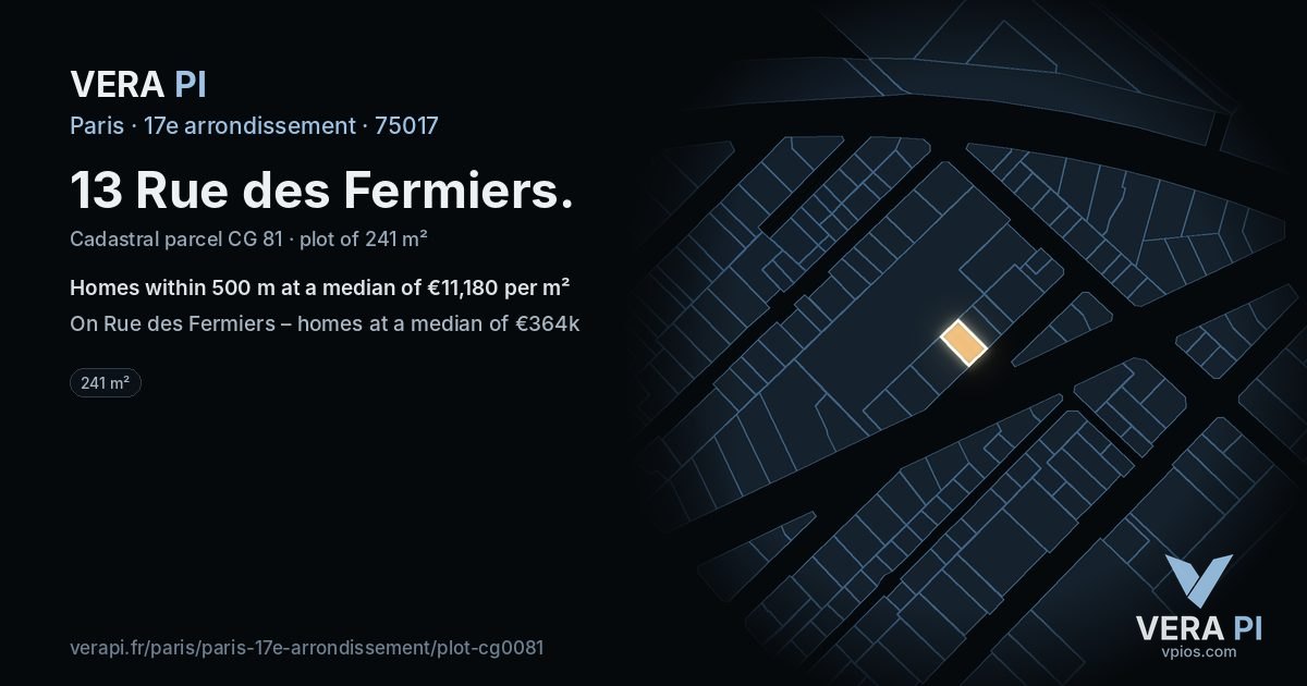 13 Rue des Fermiers, 17e arrondissement at night – the plot lit, the parcels around coloured by the prices near them