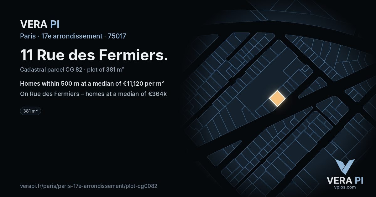 11 Rue des Fermiers, 17e arrondissement at night – the plot lit, the parcels around coloured by the prices near them