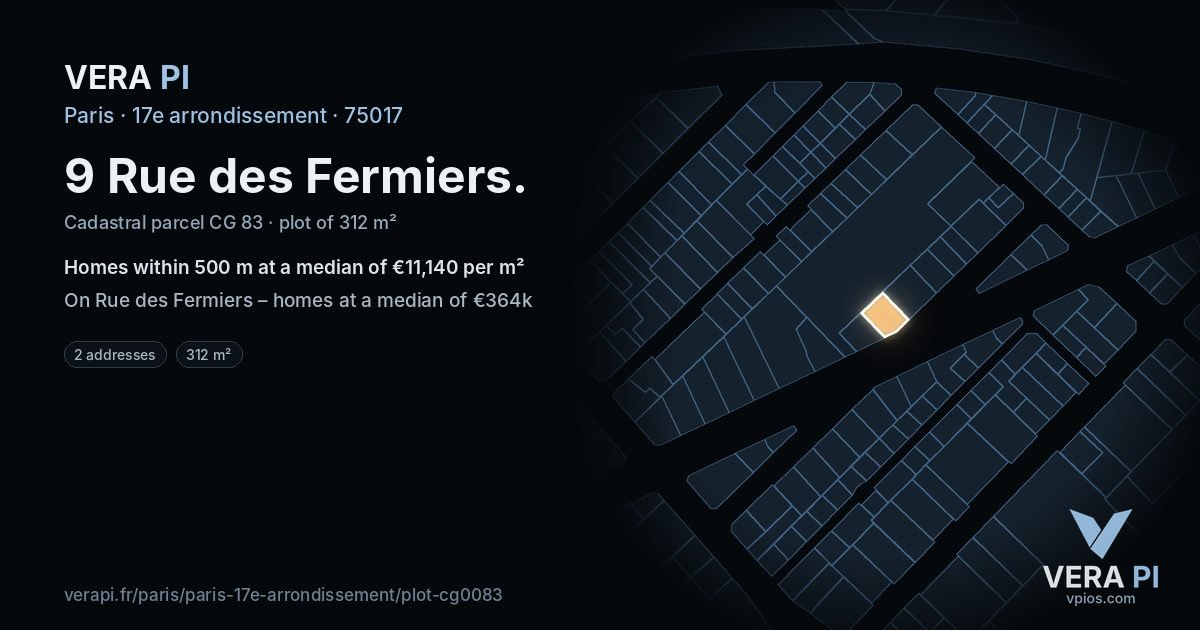 9 Rue des Fermiers, 17e arrondissement at night – the plot lit, the parcels around coloured by the prices near them