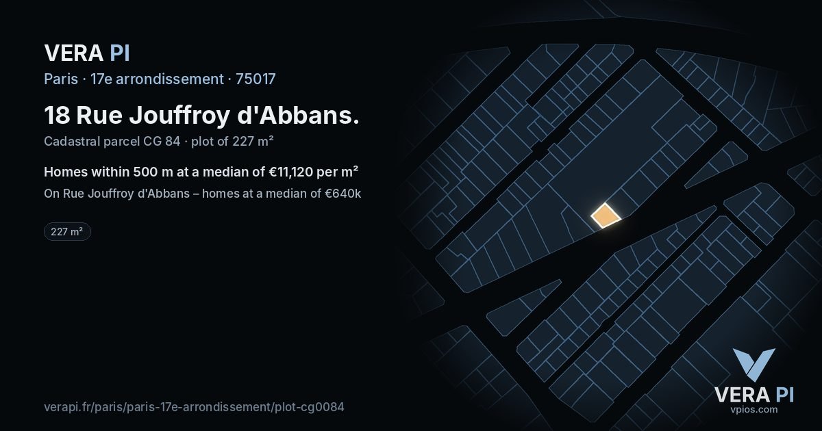 18 Rue Jouffroy d'Abbans, 17e arrondissement at night – the plot lit, the parcels around coloured by the prices near them