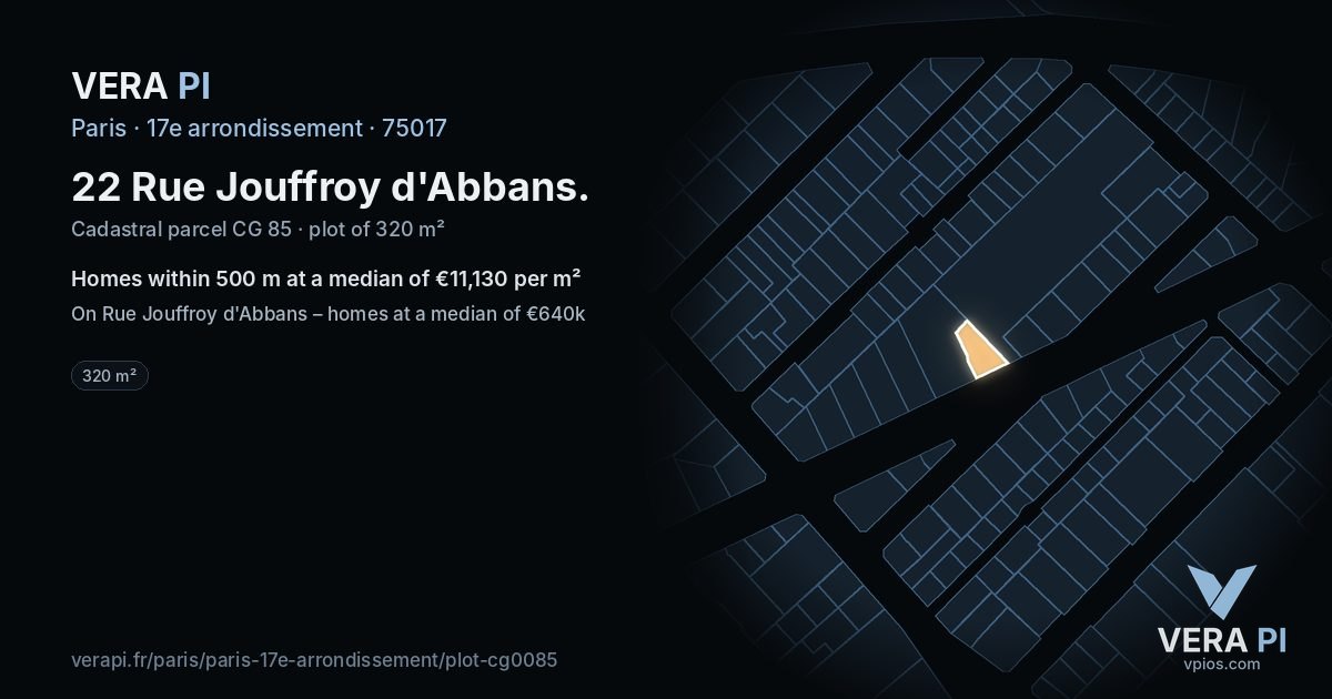 22 Rue Jouffroy d'Abbans, 17e arrondissement at night – the plot lit, the parcels around coloured by the prices near them
