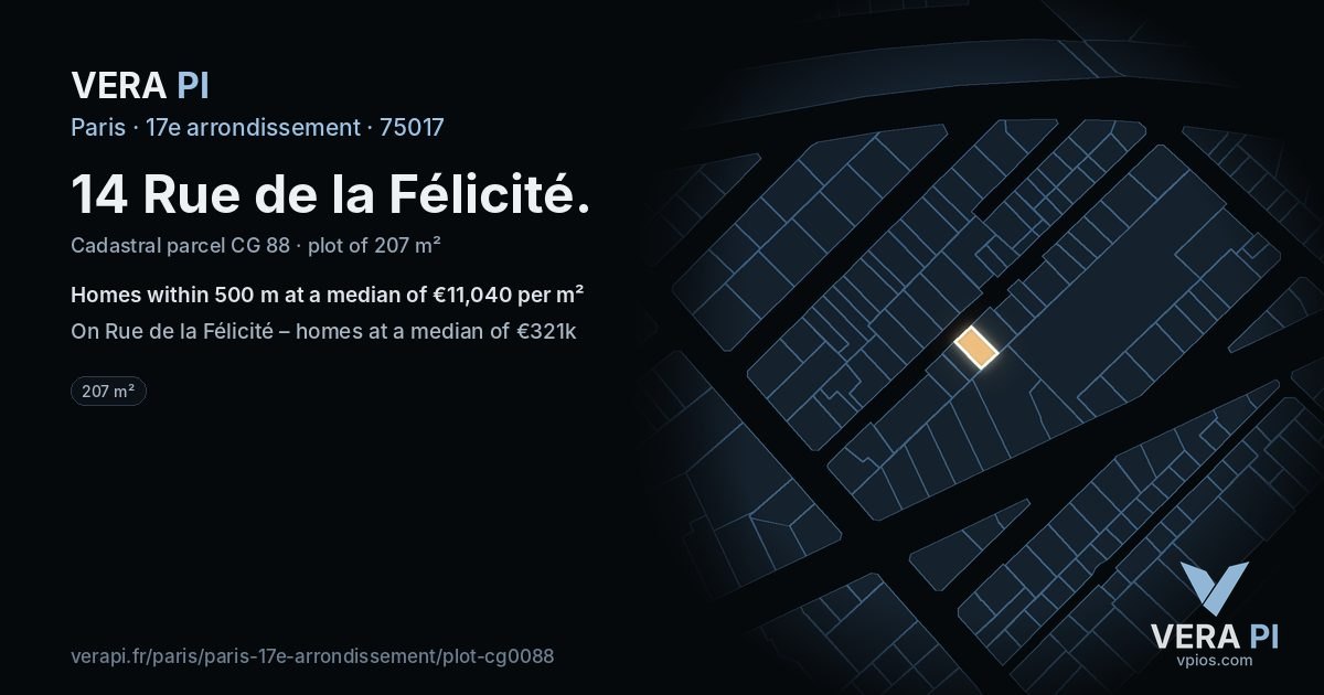 14 Rue de la Félicité, 17e arrondissement at night – the plot lit, the parcels around coloured by the prices near them