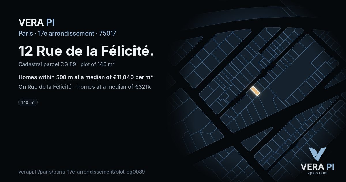 12 Rue de la Félicité, 17e arrondissement at night – the plot lit, the parcels around coloured by the prices near them