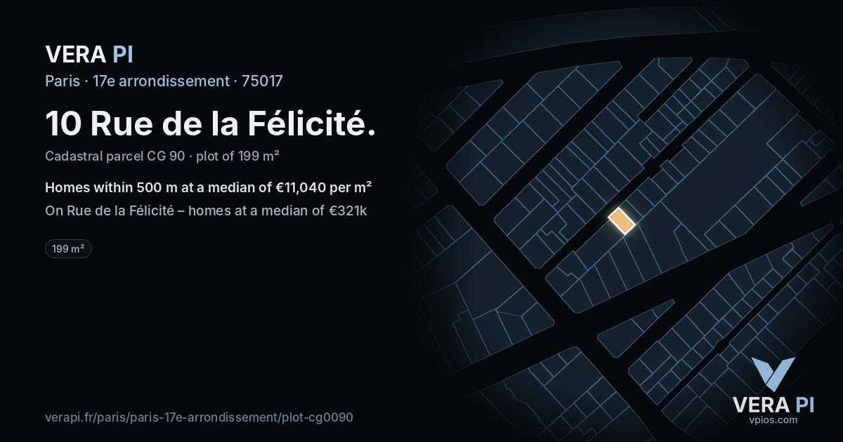 10 Rue de la Félicité, 17e arrondissement at night – the plot lit, the parcels around coloured by the prices near them