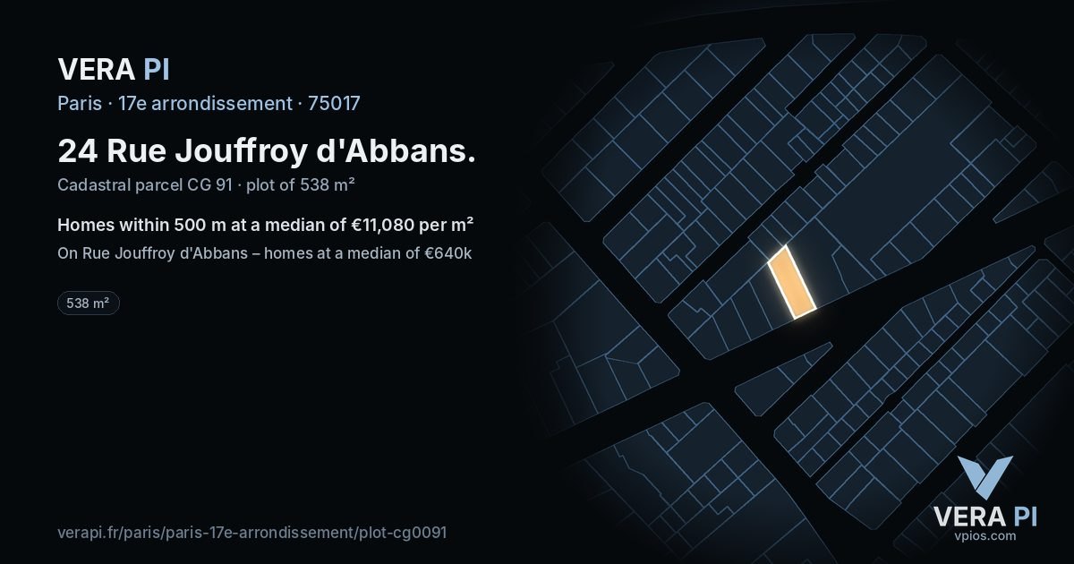 24 Rue Jouffroy d'Abbans, 17e arrondissement at night – the plot lit, the parcels around coloured by the prices near them