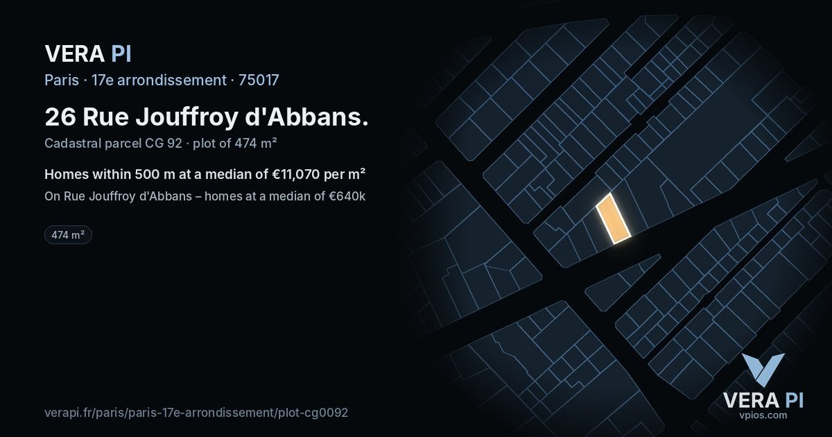 26 Rue Jouffroy d'Abbans, 17e arrondissement at night – the plot lit, the parcels around coloured by the prices near them