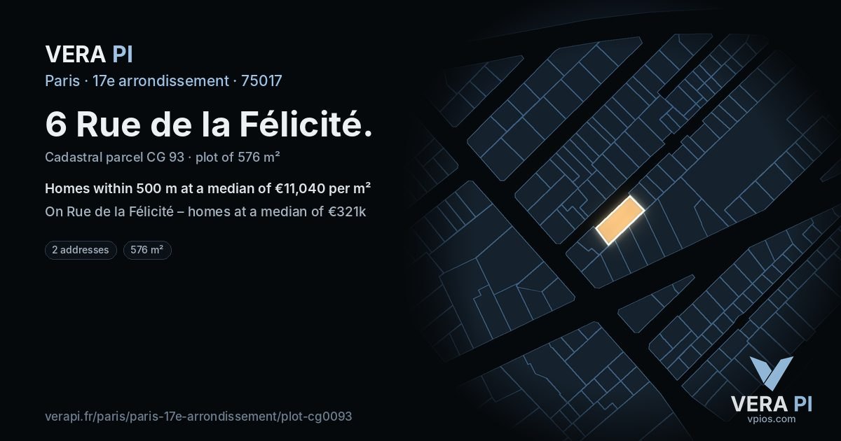 6 Rue de la Félicité, 17e arrondissement at night – the plot lit, the parcels around coloured by the prices near them