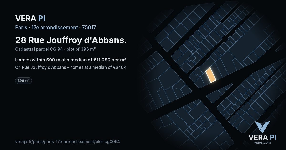 28 Rue Jouffroy d'Abbans, 17e arrondissement at night – the plot lit, the parcels around coloured by the prices near them