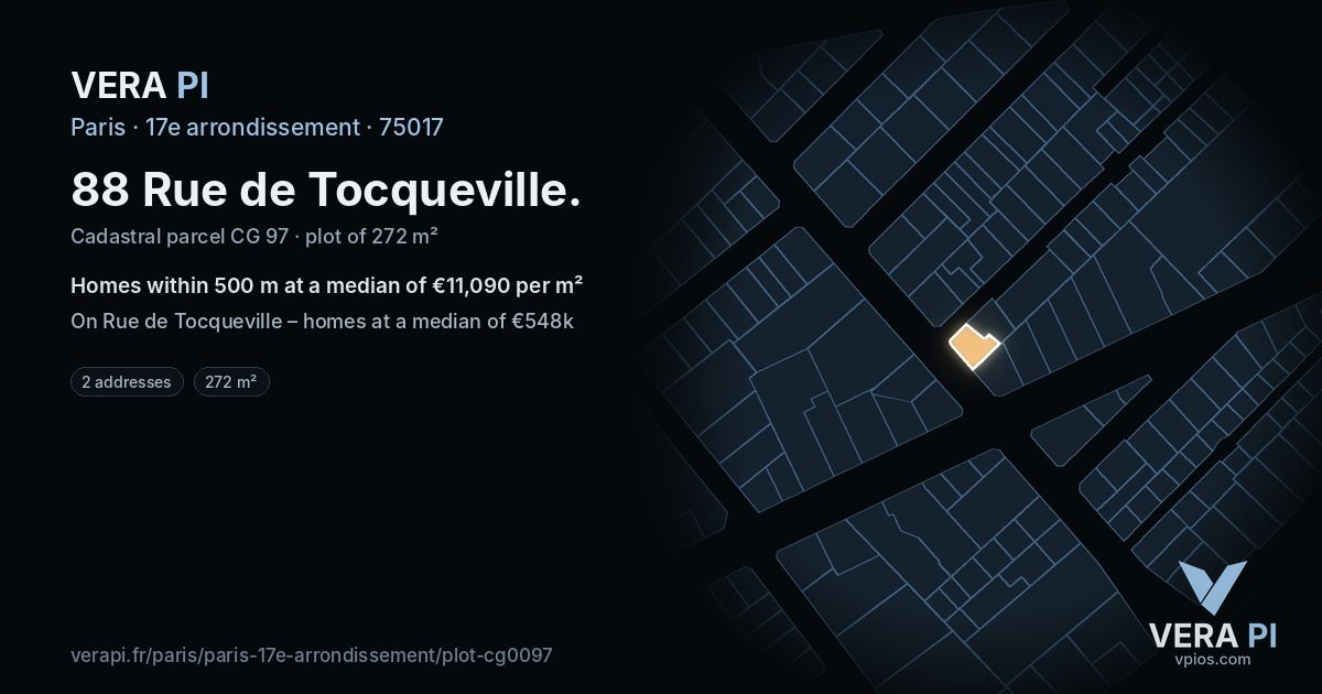 88 Rue de Tocqueville, 17e arrondissement at night – the plot lit, the parcels around coloured by the prices near them