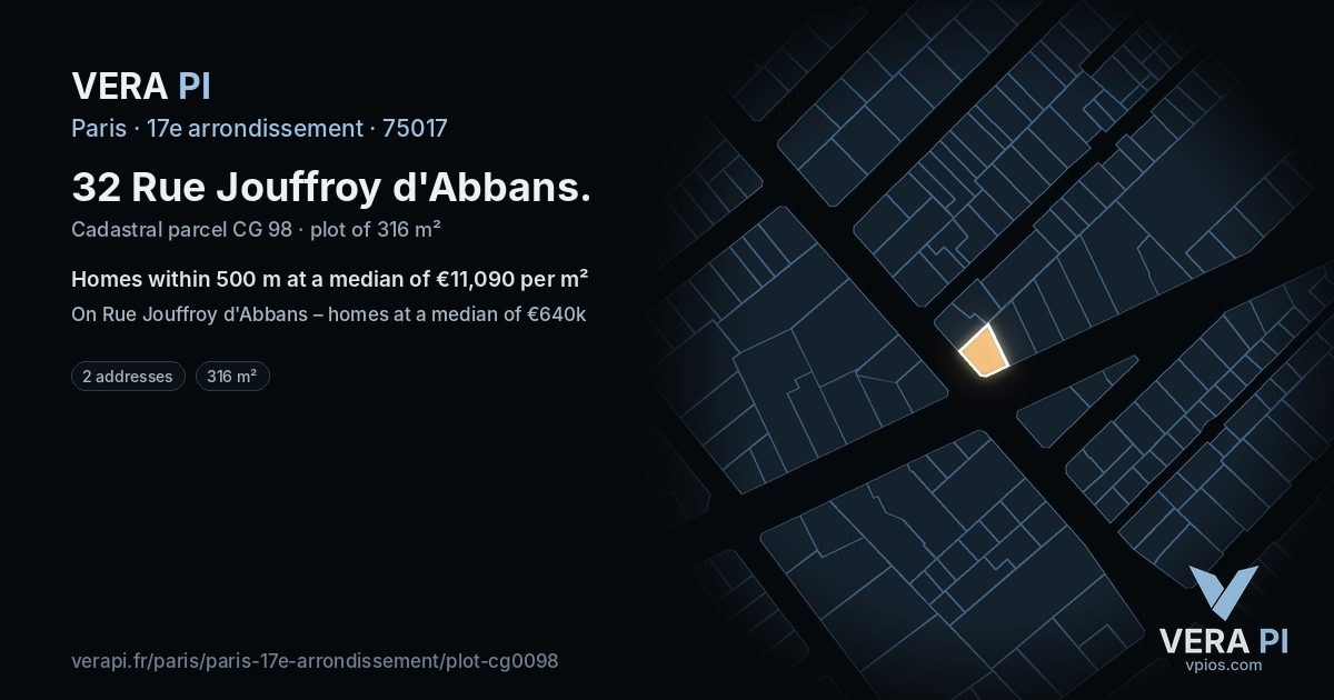 32 Rue Jouffroy d'Abbans, 17e arrondissement at night – the plot lit, the parcels around coloured by the prices near them