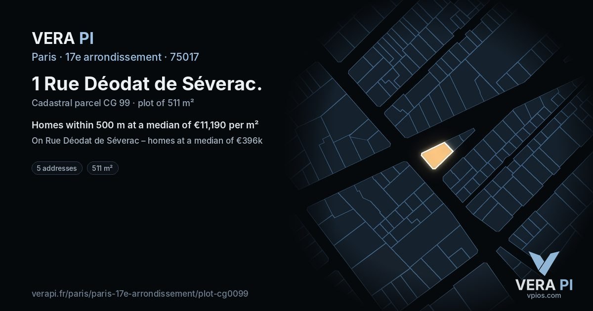 1 Rue Déodat de Séverac, 17e arrondissement at night – the plot lit, the parcels around coloured by the prices near them