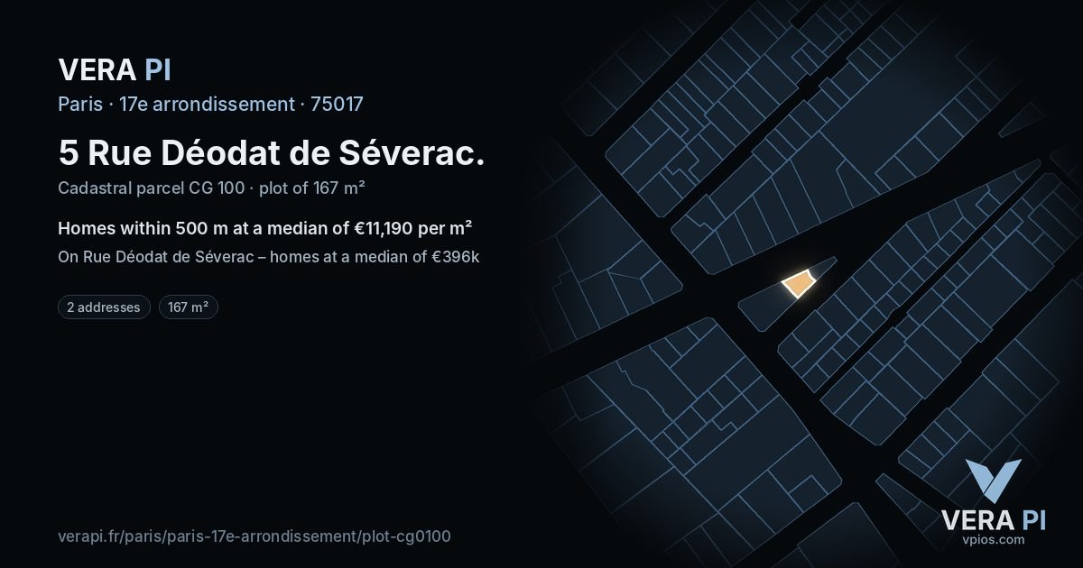 5 Rue Déodat de Séverac, 17e arrondissement at night – the plot lit, the parcels around coloured by the prices near them