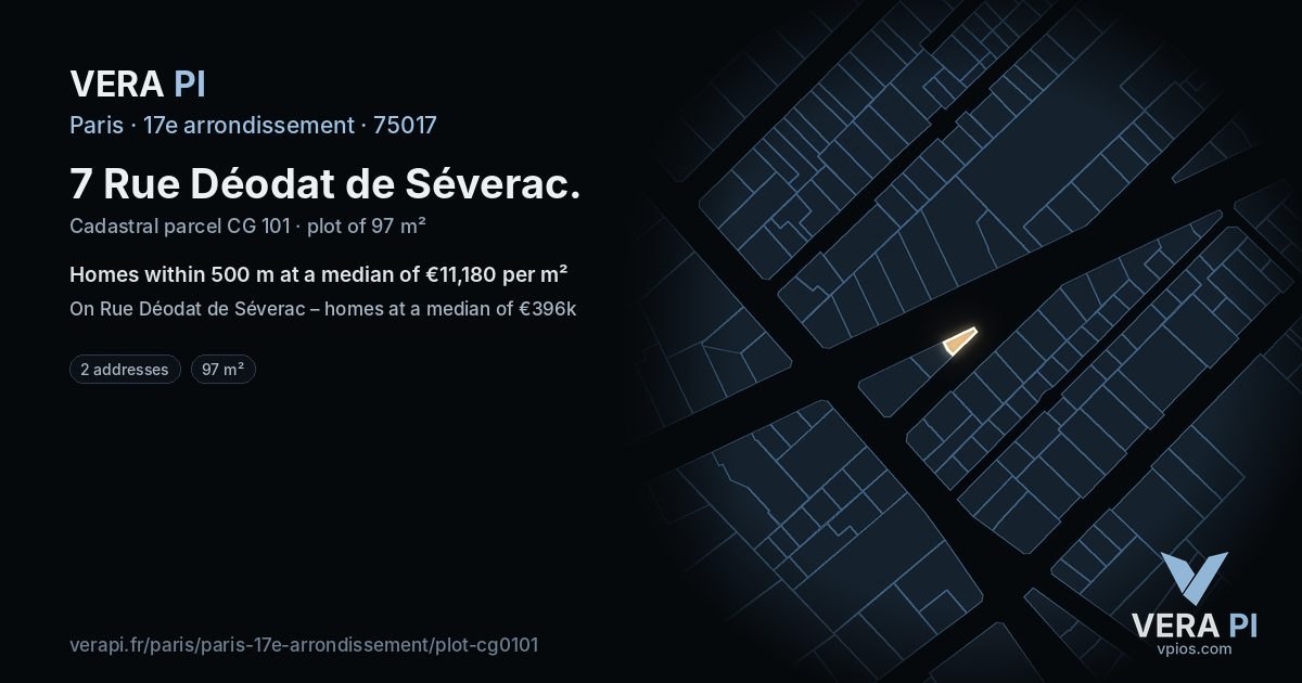 7 Rue Déodat de Séverac, 17e arrondissement at night – the plot lit, the parcels around coloured by the prices near them