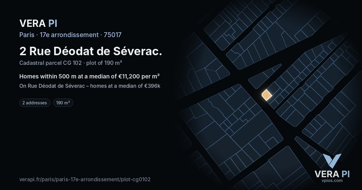 2 Rue Déodat de Séverac, 17e arrondissement at night – the plot lit, the parcels around coloured by the prices near them