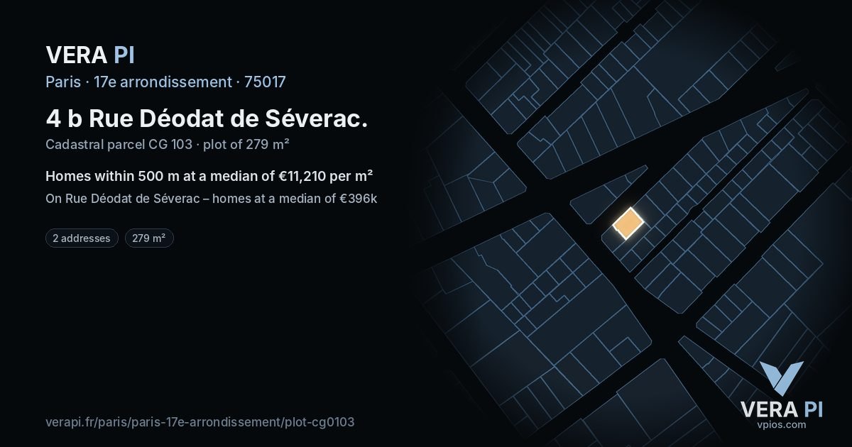 4 b Rue Déodat de Séverac, 17e arrondissement at night – the plot lit, the parcels around coloured by the prices near them
