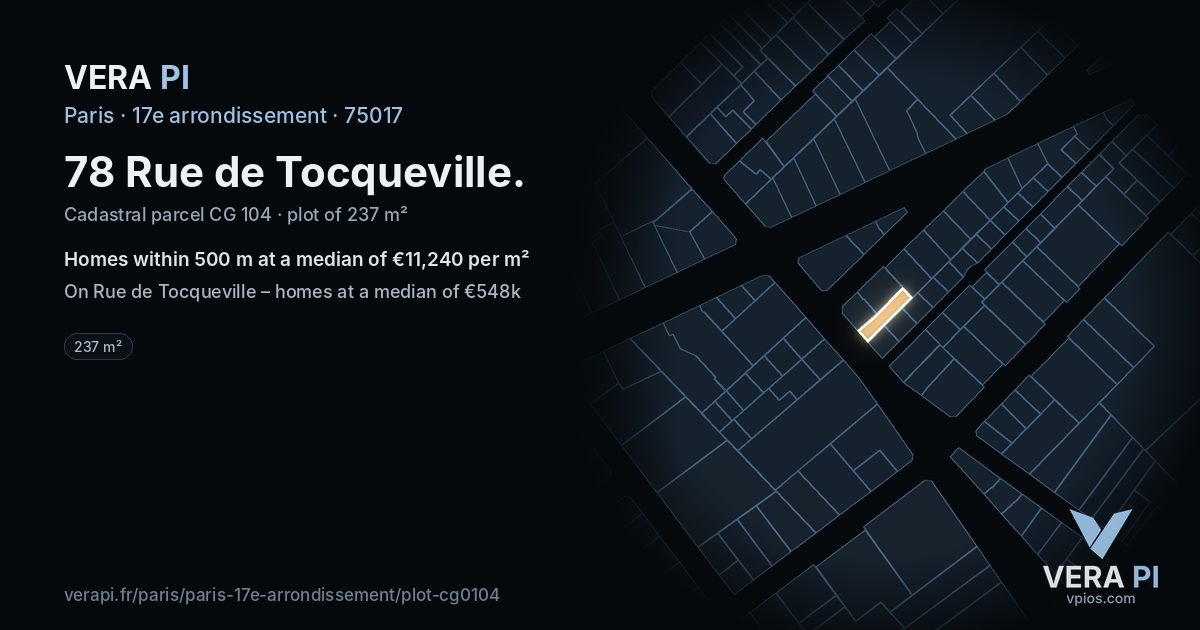 78 Rue de Tocqueville, 17e arrondissement at night – the plot lit, the parcels around coloured by the prices near them