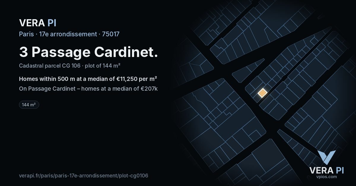3 Passage Cardinet, 17e arrondissement at night – the plot lit, the parcels around coloured by the prices near them