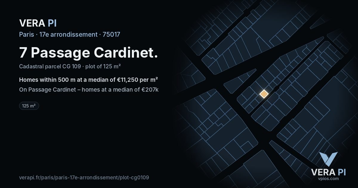 7 Passage Cardinet, 17e arrondissement at night – the plot lit, the parcels around coloured by the prices near them