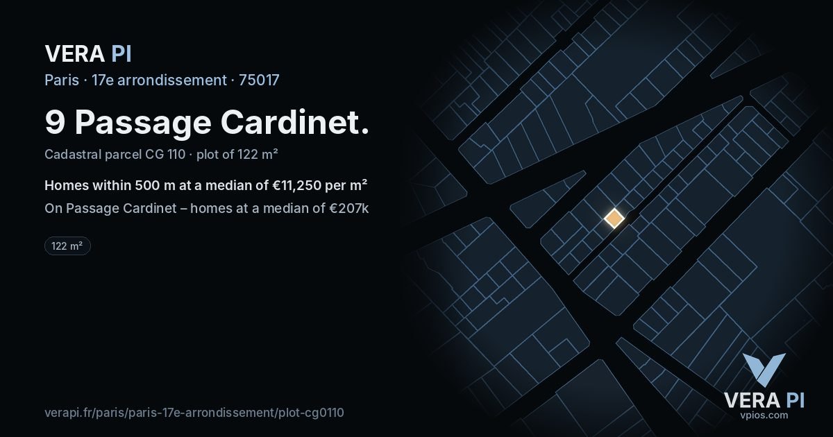 9 Passage Cardinet, 17e arrondissement at night – the plot lit, the parcels around coloured by the prices near them
